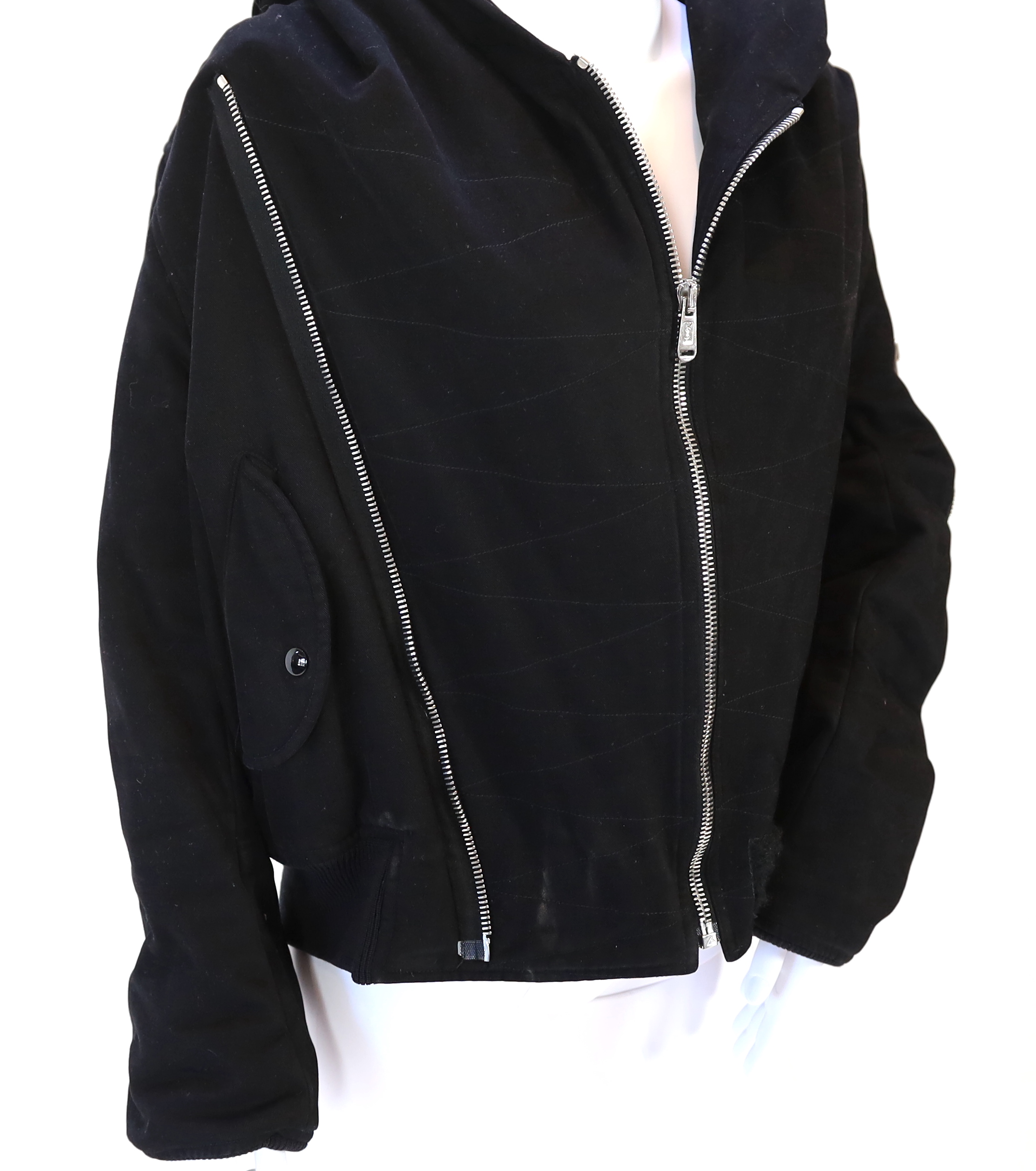 A vintage Yves Saint Laurent lady's hooded black double zipped bomber jacket, size 10-12